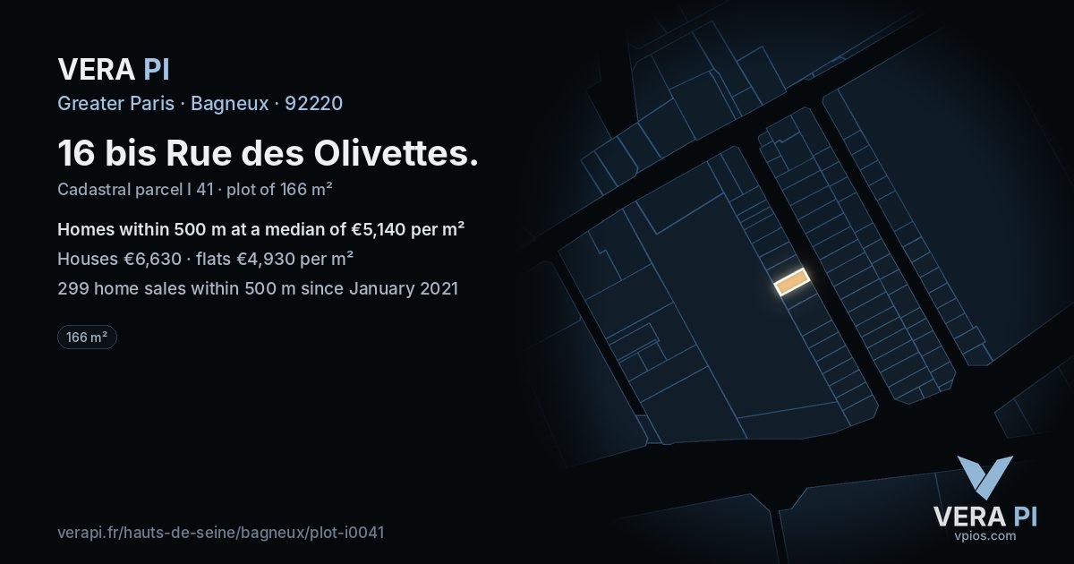 16 bis Rue des Olivettes, Bagneux at night – the plot lit, the parcels around coloured by the prices near them