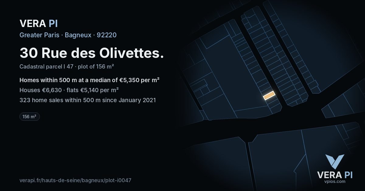 30 Rue des Olivettes, Bagneux at night – the plot lit, the parcels around coloured by the prices near them