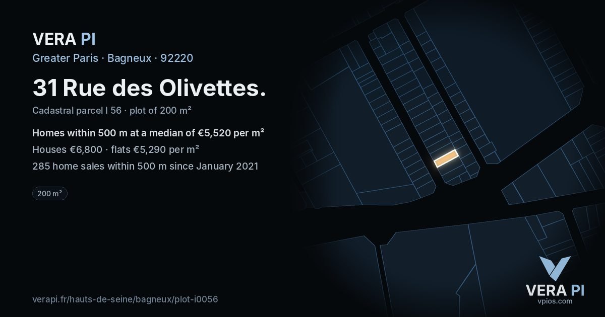 31 Rue des Olivettes, Bagneux at night – the plot lit, the parcels around coloured by the prices near them