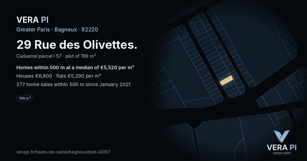 29 Rue des Olivettes, Bagneux at night – the plot lit, the parcels around coloured by the prices near them