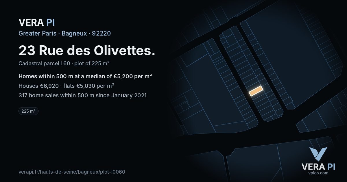23 Rue des Olivettes, Bagneux at night – the plot lit, the parcels around coloured by the prices near them