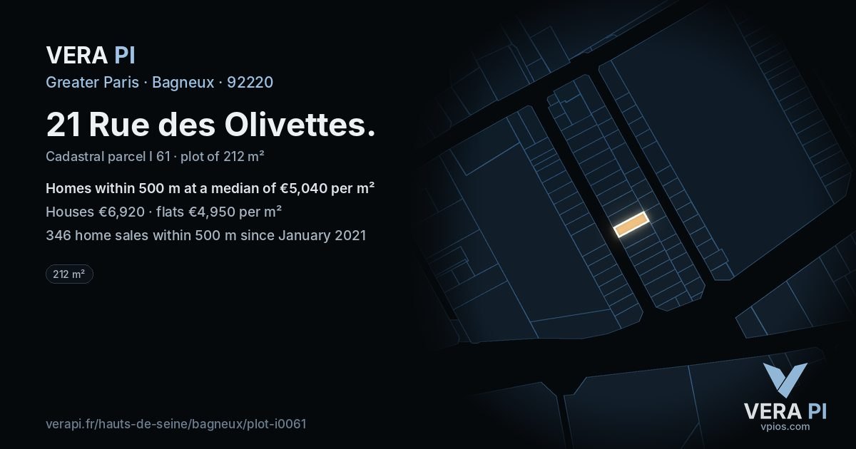 21 Rue des Olivettes, Bagneux at night – the plot lit, the parcels around coloured by the prices near them