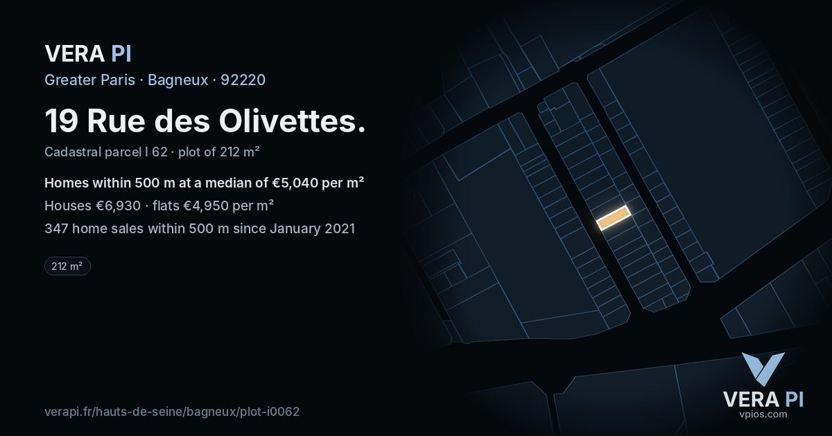 19 Rue des Olivettes, Bagneux at night – the plot lit, the parcels around coloured by the prices near them