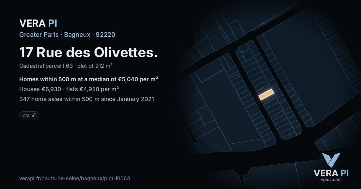 17 Rue des Olivettes, Bagneux at night – the plot lit, the parcels around coloured by the prices near them