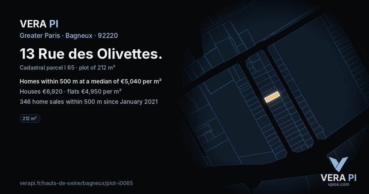 13 Rue des Olivettes, Bagneux at night – the plot lit, the parcels around coloured by the prices near them