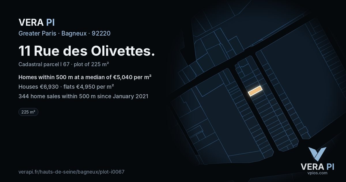 11 Rue des Olivettes, Bagneux at night – the plot lit, the parcels around coloured by the prices near them