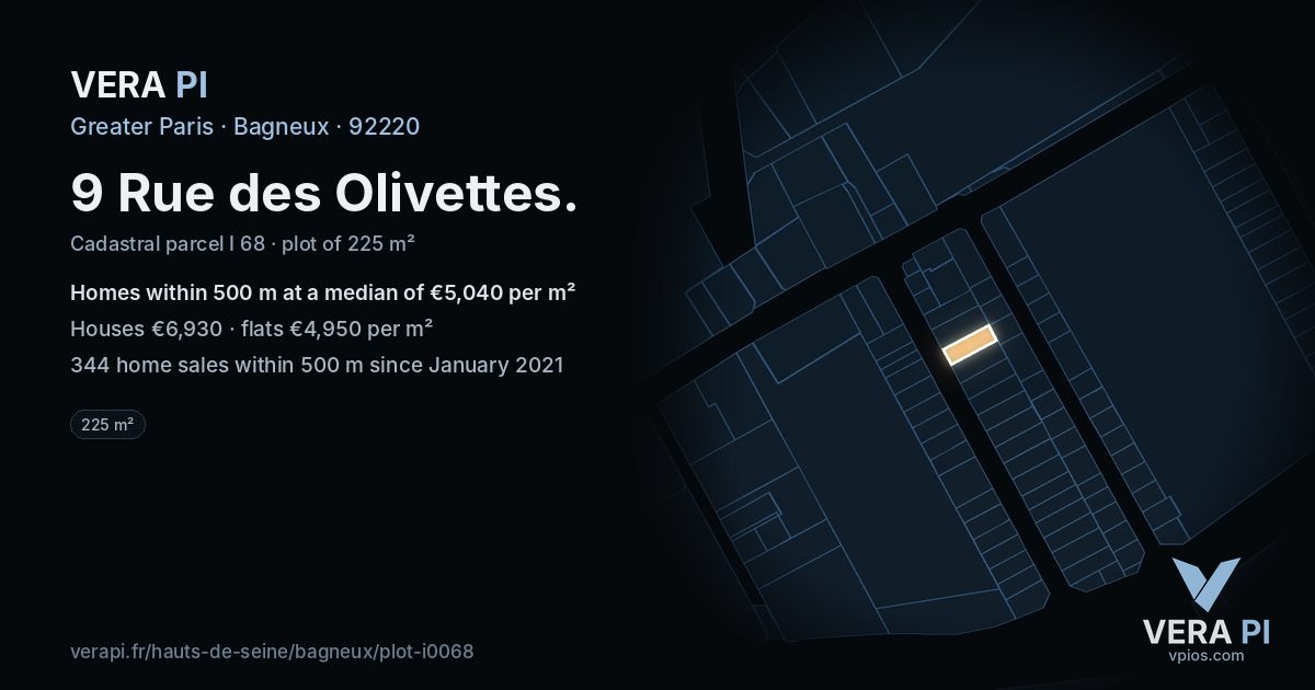 9 Rue des Olivettes, Bagneux at night – the plot lit, the parcels around coloured by the prices near them