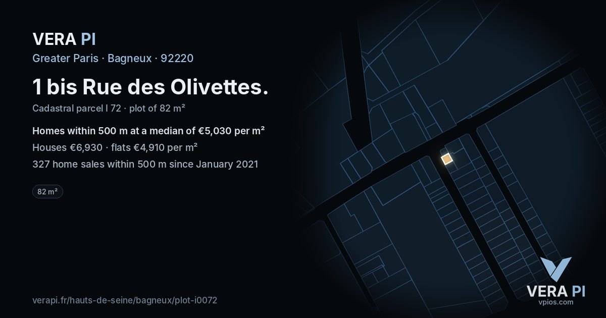 1 bis Rue des Olivettes, Bagneux at night – the plot lit, the parcels around coloured by the prices near them