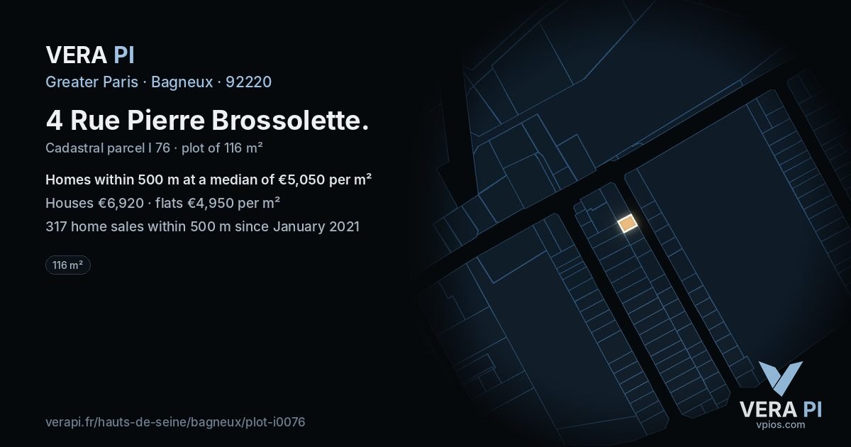 4 Rue Pierre Brossolette, Bagneux at night – the plot lit, the parcels around coloured by the prices near them