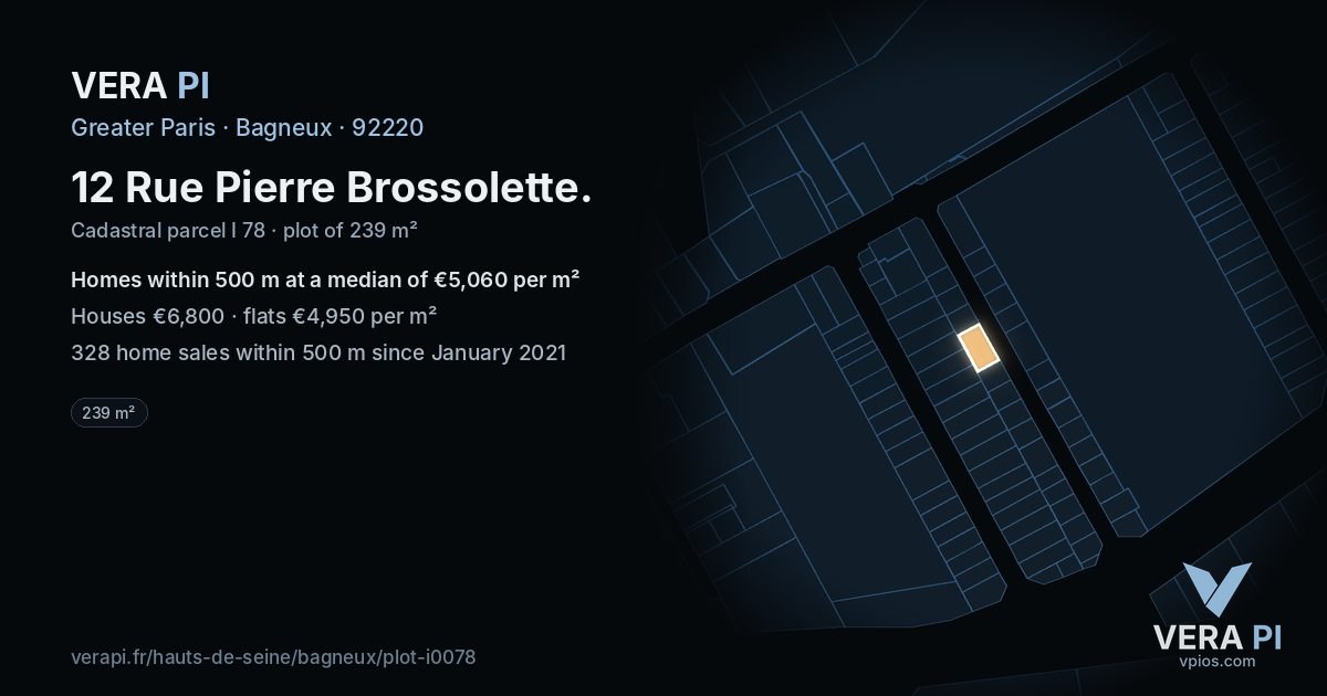 12 Rue Pierre Brossolette, Bagneux at night – the plot lit, the parcels around coloured by the prices near them