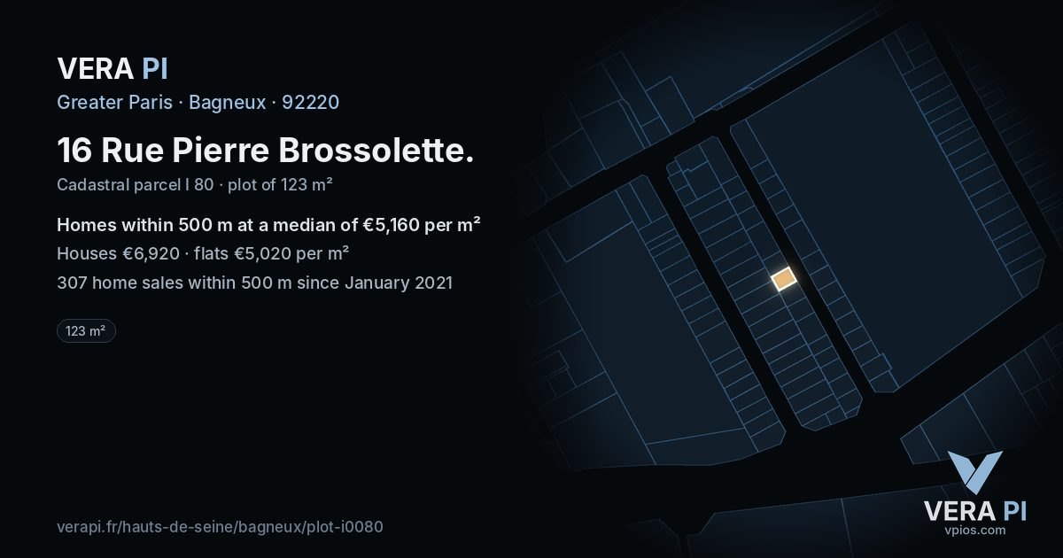 16 Rue Pierre Brossolette, Bagneux at night – the plot lit, the parcels around coloured by the prices near them
