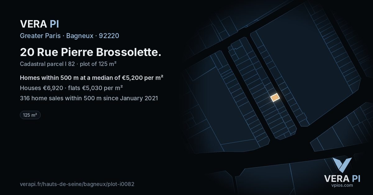 20 Rue Pierre Brossolette, Bagneux at night – the plot lit, the parcels around coloured by the prices near them