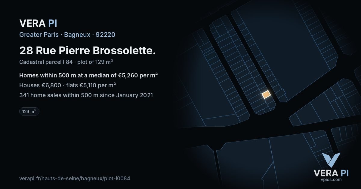 28 Rue Pierre Brossolette, Bagneux at night – the plot lit, the parcels around coloured by the prices near them