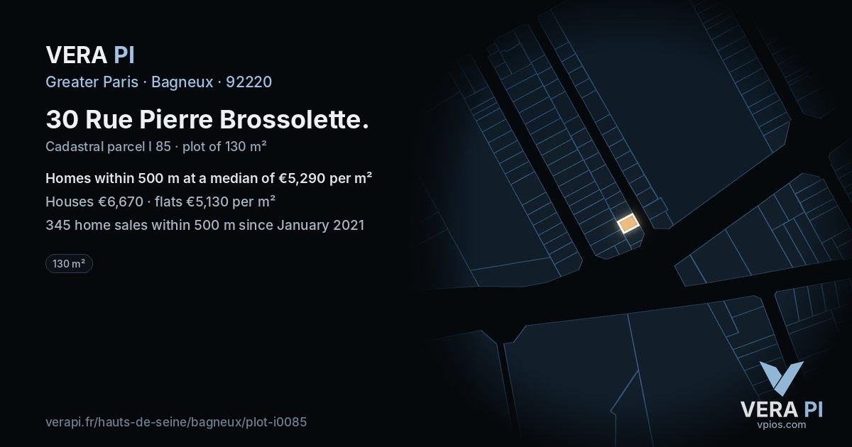 30 Rue Pierre Brossolette, Bagneux at night – the plot lit, the parcels around coloured by the prices near them