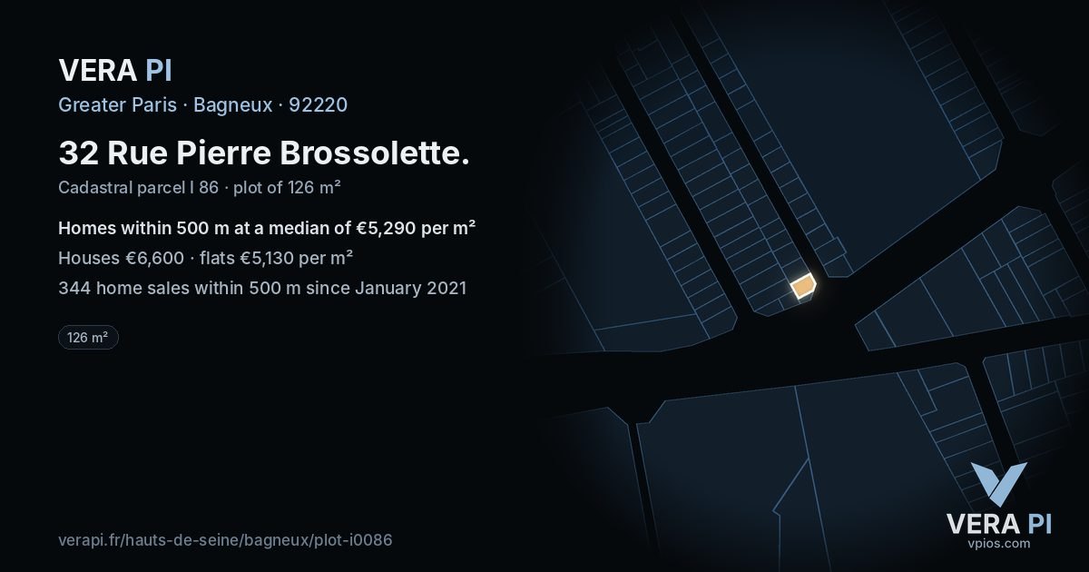 32 Rue Pierre Brossolette, Bagneux at night – the plot lit, the parcels around coloured by the prices near them