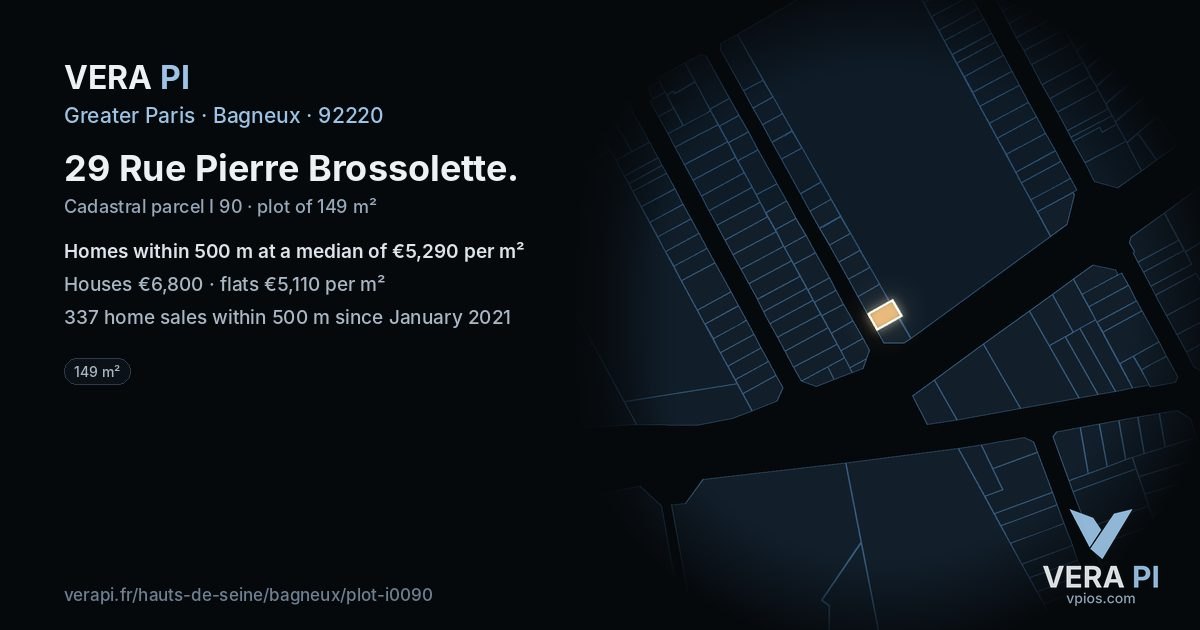 29 Rue Pierre Brossolette, Bagneux at night – the plot lit, the parcels around coloured by the prices near them
