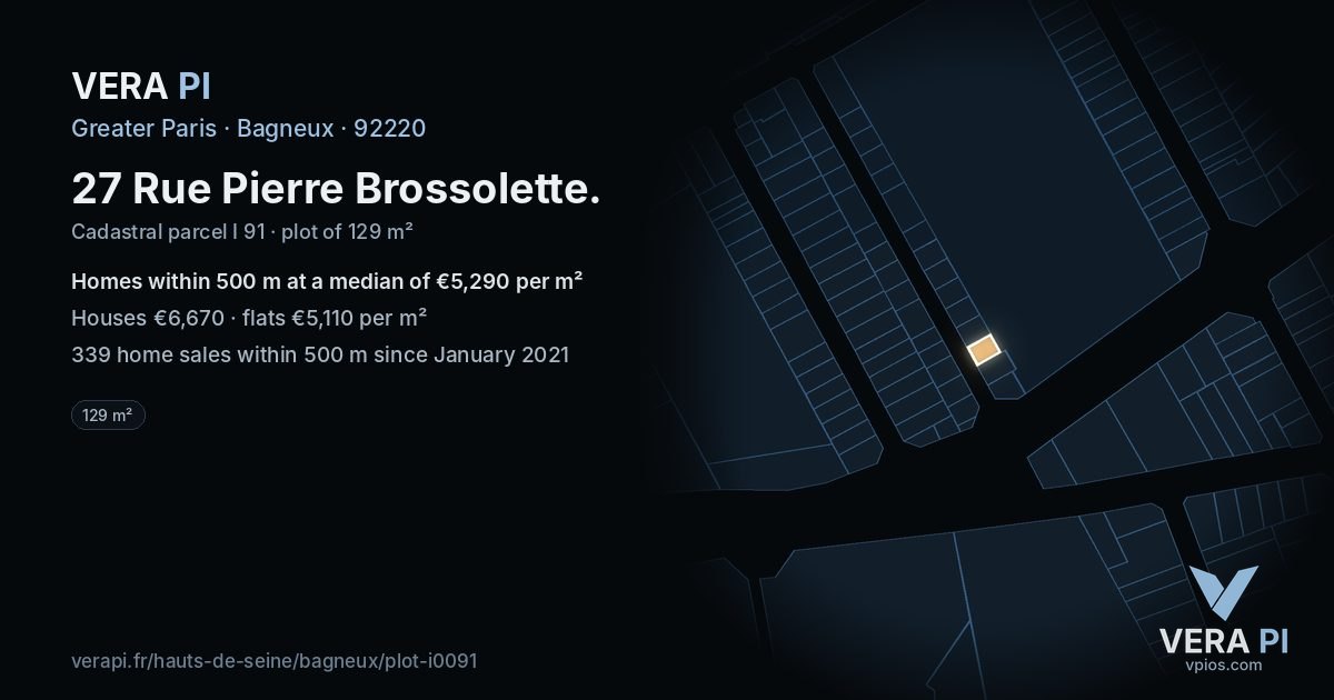 27 Rue Pierre Brossolette, Bagneux at night – the plot lit, the parcels around coloured by the prices near them