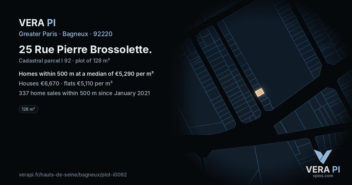 25 Rue Pierre Brossolette, Bagneux at night – the plot lit, the parcels around coloured by the prices near them