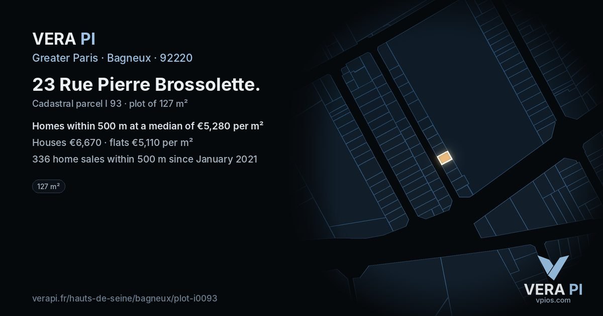23 Rue Pierre Brossolette, Bagneux at night – the plot lit, the parcels around coloured by the prices near them