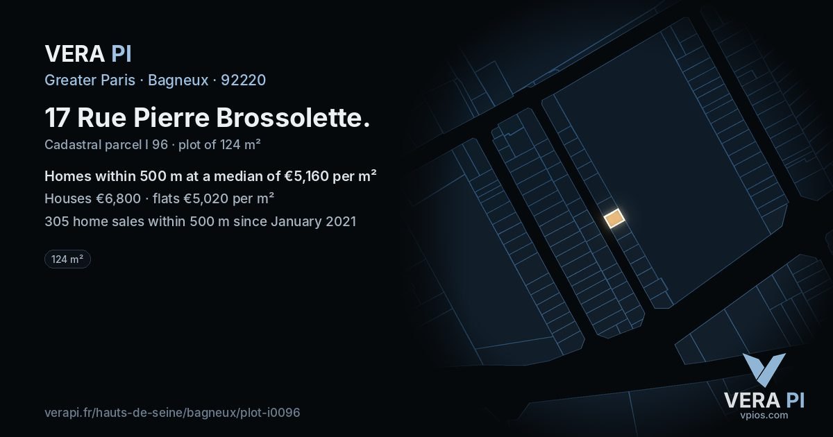 17 Rue Pierre Brossolette, Bagneux at night – the plot lit, the parcels around coloured by the prices near them