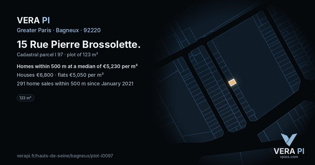 15 Rue Pierre Brossolette, Bagneux at night – the plot lit, the parcels around coloured by the prices near them