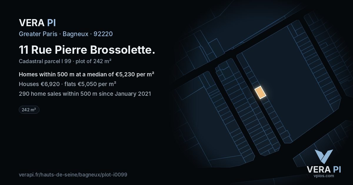 11 Rue Pierre Brossolette, Bagneux at night – the plot lit, the parcels around coloured by the prices near them