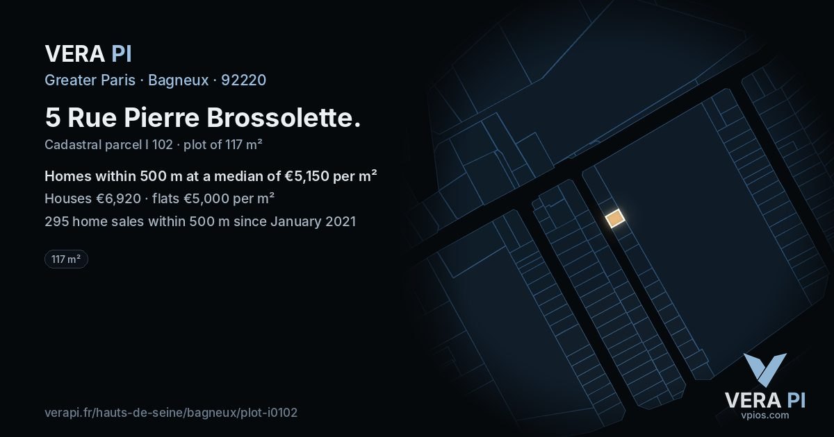 5 Rue Pierre Brossolette, Bagneux at night – the plot lit, the parcels around coloured by the prices near them