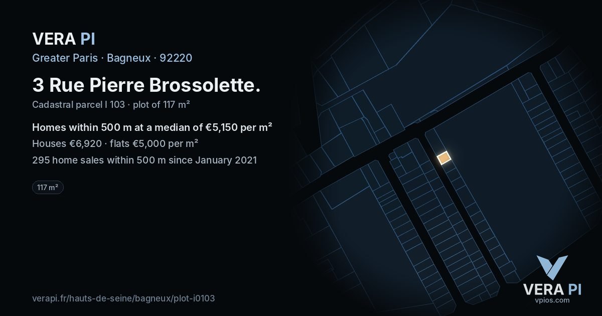 3 Rue Pierre Brossolette, Bagneux at night – the plot lit, the parcels around coloured by the prices near them