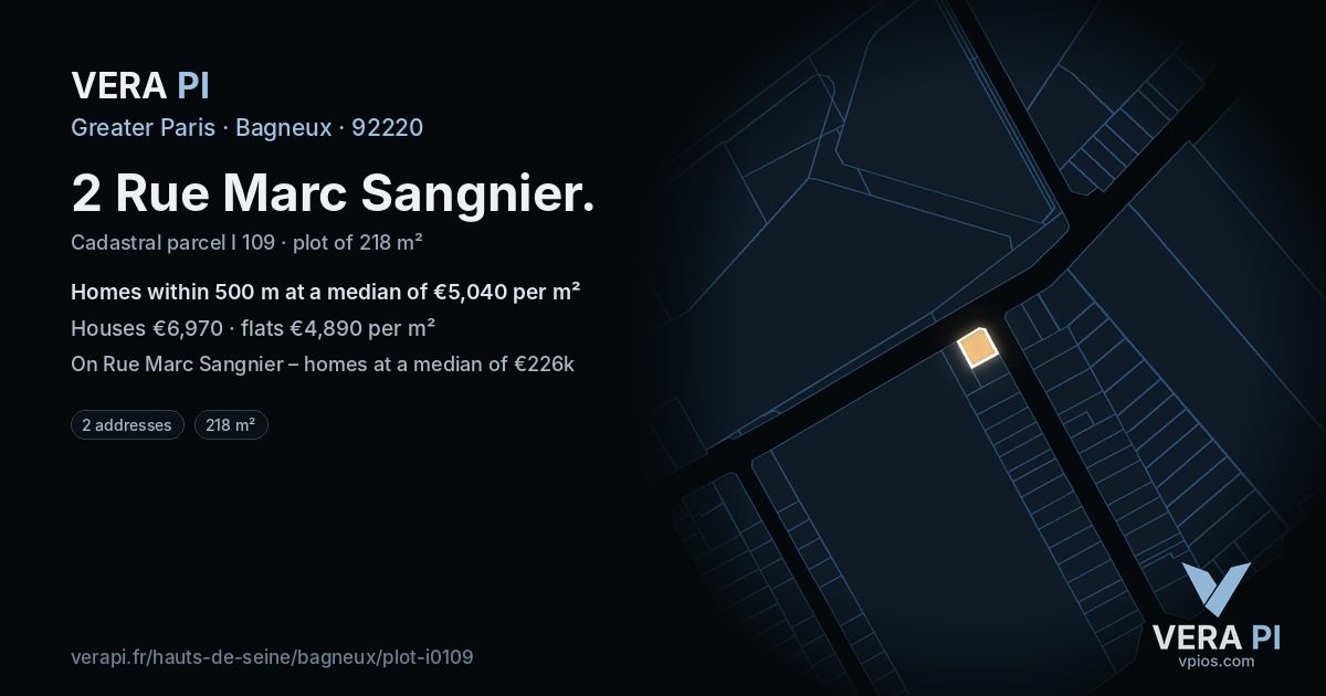 2 Rue Marc Sangnier, Bagneux at night – the plot lit, the parcels around coloured by the prices near them