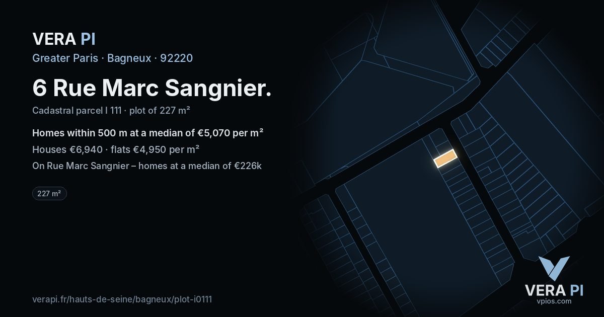 6 Rue Marc Sangnier, Bagneux at night – the plot lit, the parcels around coloured by the prices near them