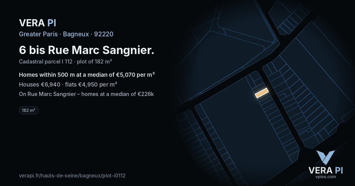 6 bis Rue Marc Sangnier, Bagneux at night – the plot lit, the parcels around coloured by the prices near them