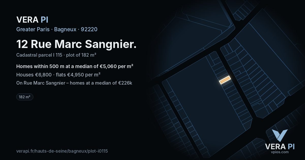 12 Rue Marc Sangnier, Bagneux at night – the plot lit, the parcels around coloured by the prices near them