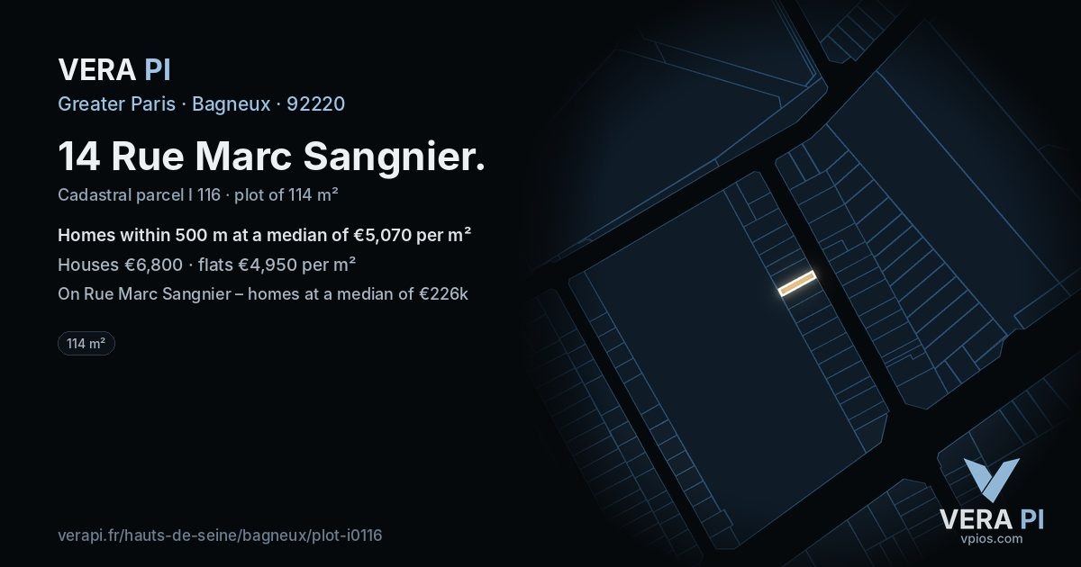 14 Rue Marc Sangnier, Bagneux at night – the plot lit, the parcels around coloured by the prices near them