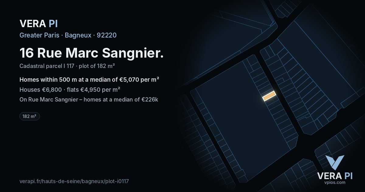 16 Rue Marc Sangnier, Bagneux at night – the plot lit, the parcels around coloured by the prices near them