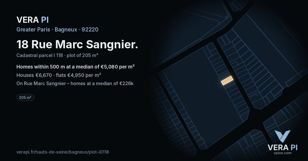 18 Rue Marc Sangnier, Bagneux at night – the plot lit, the parcels around coloured by the prices near them
