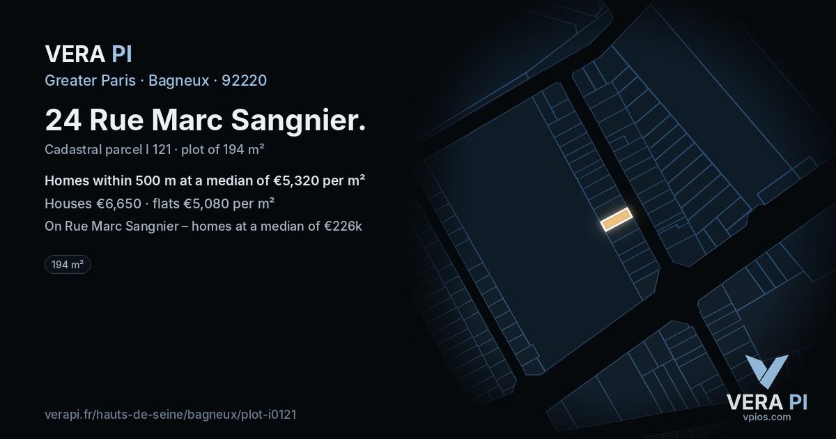 24 Rue Marc Sangnier, Bagneux at night – the plot lit, the parcels around coloured by the prices near them