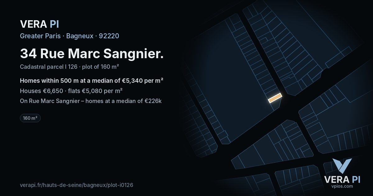 34 Rue Marc Sangnier, Bagneux at night – the plot lit, the parcels around coloured by the prices near them