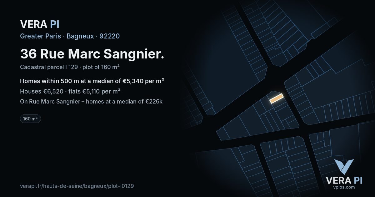 36 Rue Marc Sangnier, Bagneux at night – the plot lit, the parcels around coloured by the prices near them