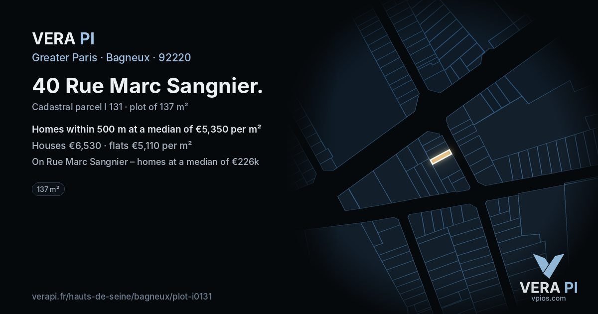 40 Rue Marc Sangnier, Bagneux at night – the plot lit, the parcels around coloured by the prices near them