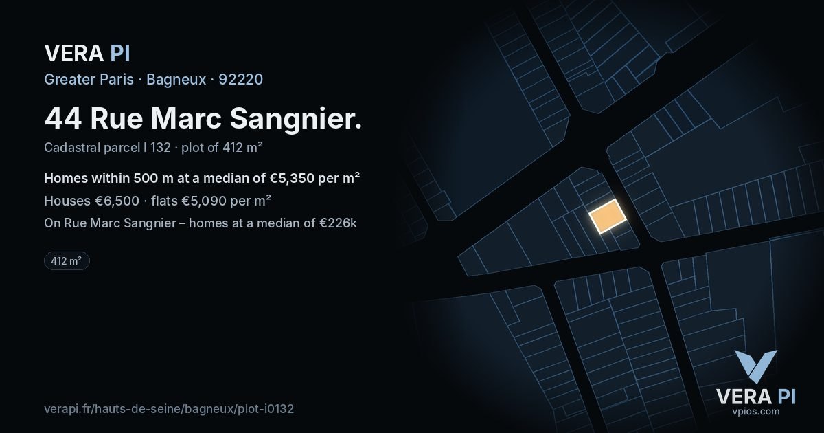 44 Rue Marc Sangnier, Bagneux at night – the plot lit, the parcels around coloured by the prices near them
