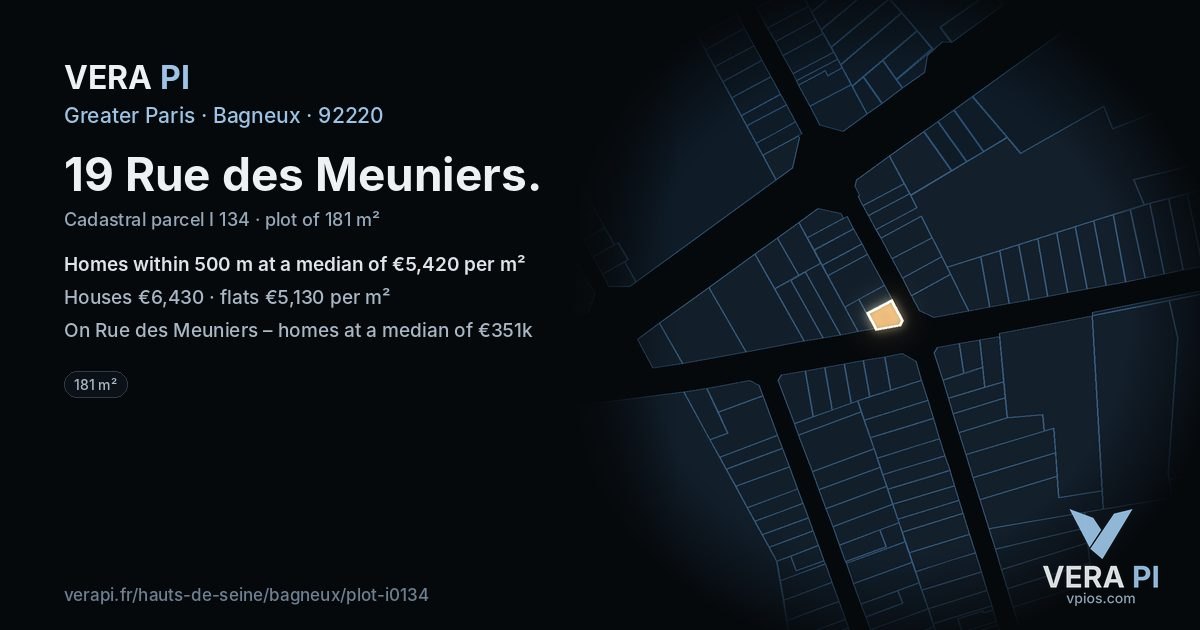 19 Rue des Meuniers, Bagneux at night – the plot lit, the parcels around coloured by the prices near them