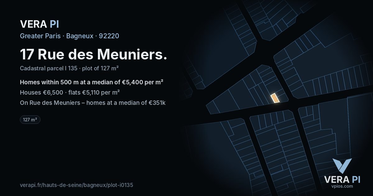 17 Rue des Meuniers, Bagneux at night – the plot lit, the parcels around coloured by the prices near them