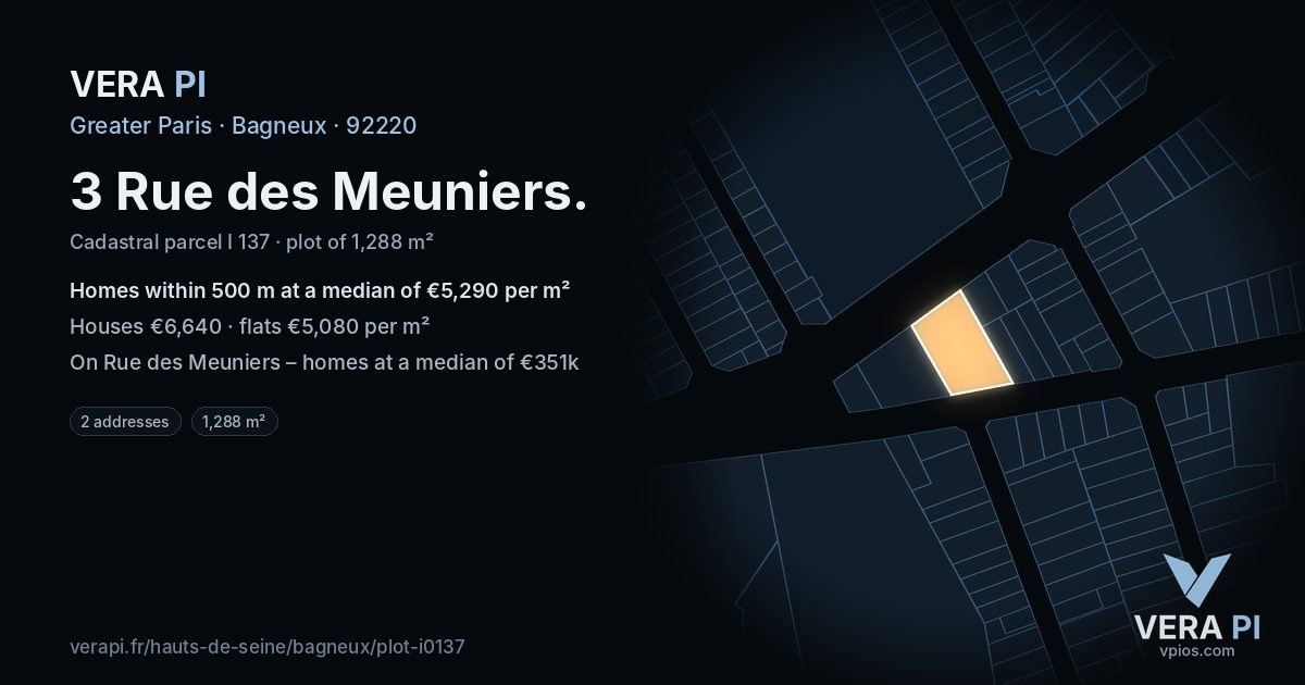 3 Rue des Meuniers, Bagneux at night – the plot lit, the parcels around coloured by the prices near them