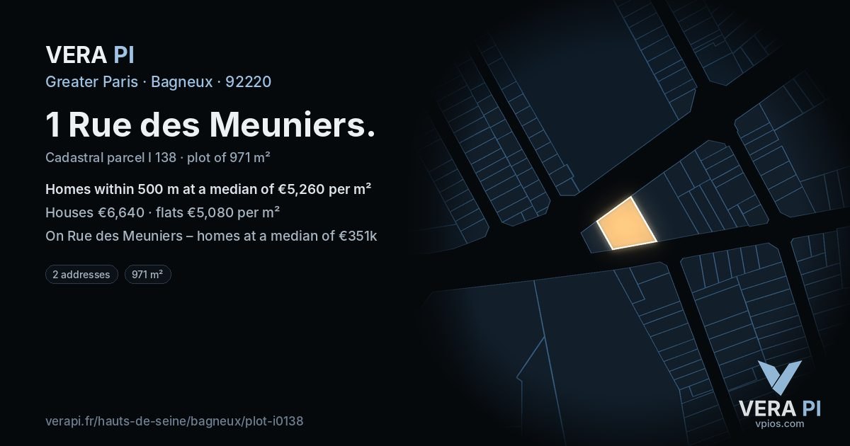 1 Rue des Meuniers, Bagneux at night – the plot lit, the parcels around coloured by the prices near them