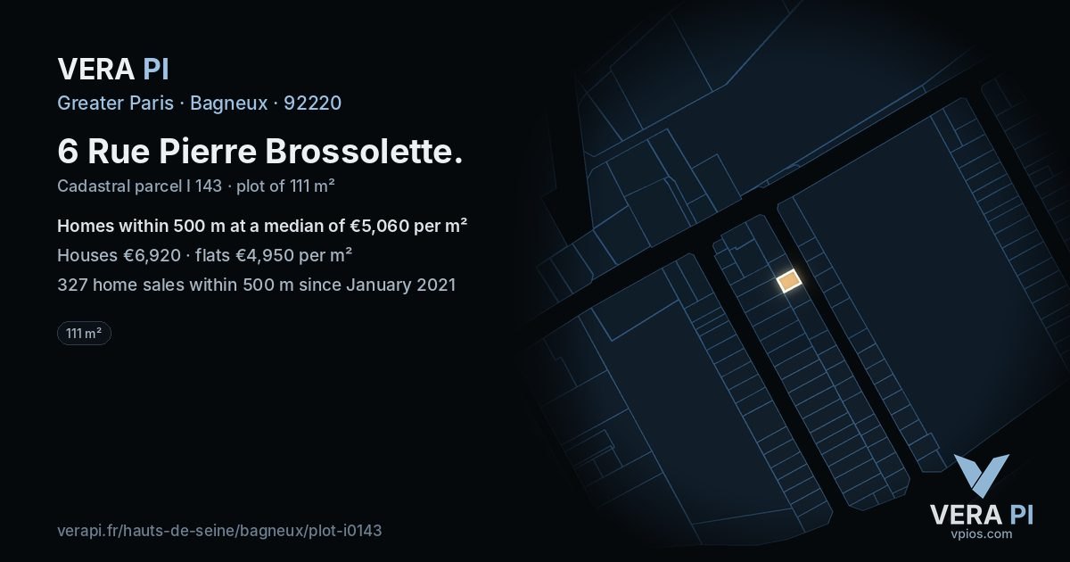 6 Rue Pierre Brossolette, Bagneux at night – the plot lit, the parcels around coloured by the prices near them