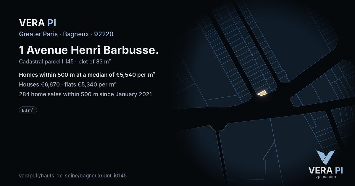 1 Avenue Henri Barbusse, Bagneux at night – the plot lit, the parcels around coloured by the prices near them
