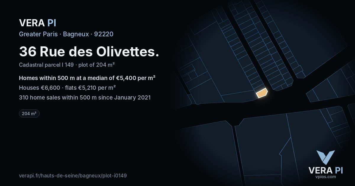 36 Rue des Olivettes, Bagneux at night – the plot lit, the parcels around coloured by the prices near them