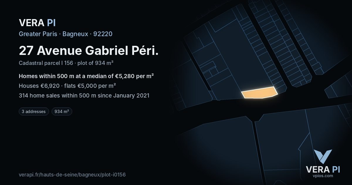 27 Avenue Gabriel Péri, Bagneux at night – the plot lit, the parcels around coloured by the prices near them