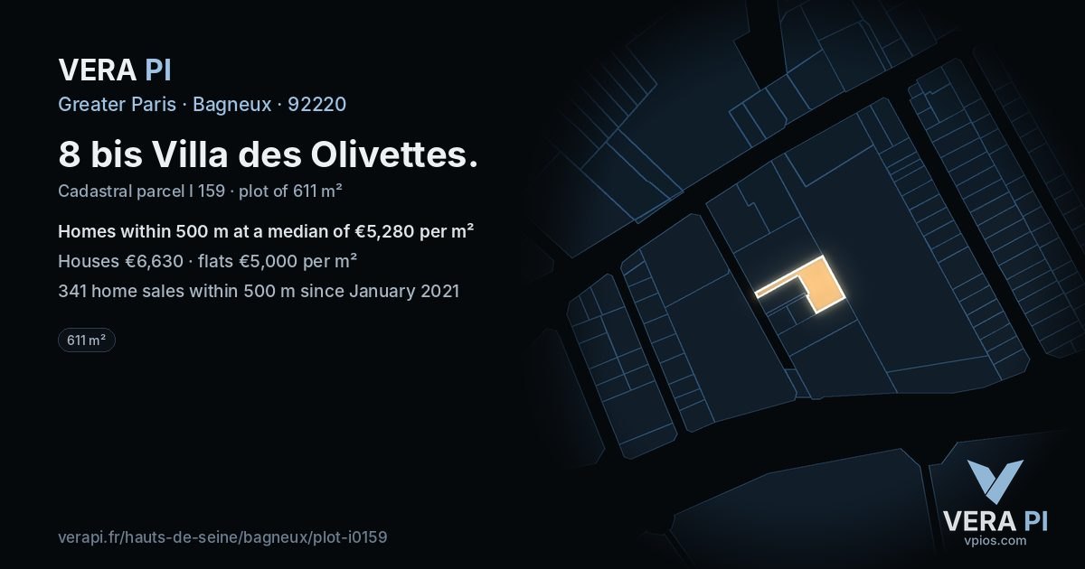 8 bis Villa des Olivettes, Bagneux at night – the plot lit, the parcels around coloured by the prices near them