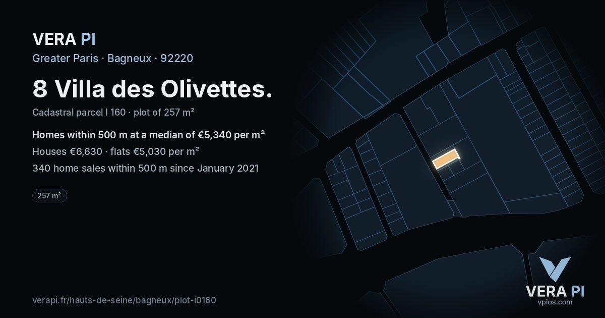 8 Villa des Olivettes, Bagneux at night – the plot lit, the parcels around coloured by the prices near them